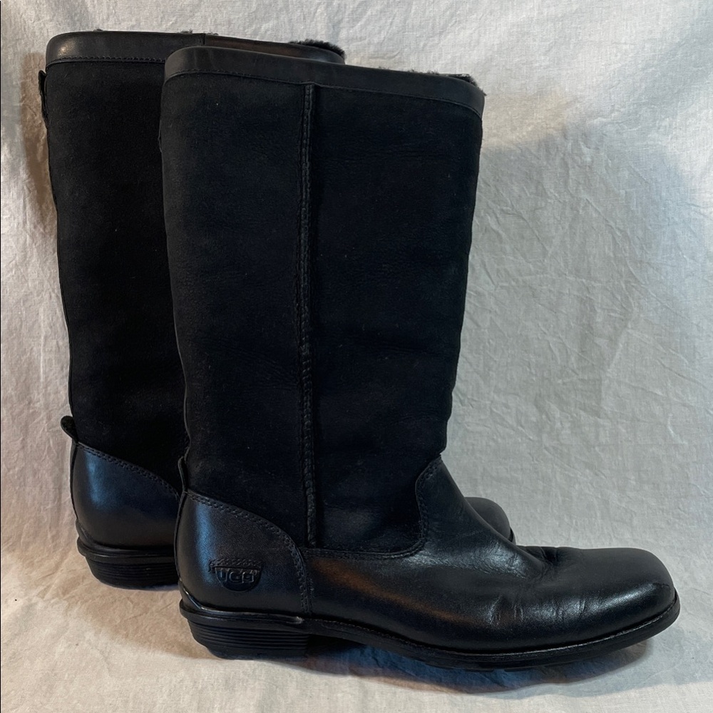 UGG Black Leather and Suede Tall Winter Boots